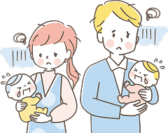 こどもを抱きながら悩む大人のイラスト